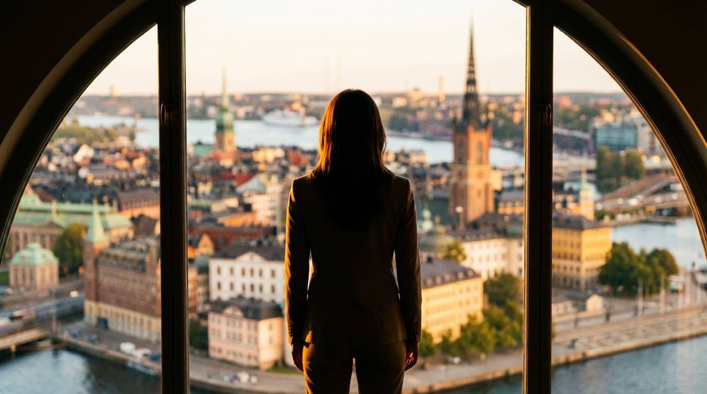 Professionell kvinna blickar ut över Stockholms siluett